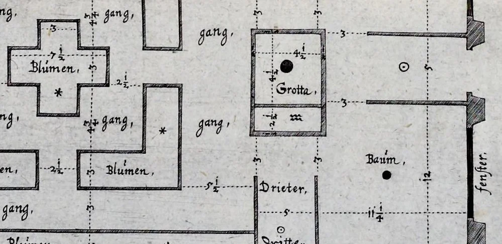 An illustration from Architectura privata, das ist, Gründtliche Beschreibung, neben conterfetischer Vorstellung, inn was Form vnd Manier ein gar irregular, burgerliches Wohnhaus, jedoch mit seinem sehr guten Commoditeten erbawet, darbey ein Rüst vnd Kunst Kammer auffgericht, ingleichem mit Garten, Blumen, Wasser, neben einem Grottenwercklin versehen, vnnd also schon zu gutem Ende ist gebracht worden : darbey ... zu erlehrnen in was Gestalt man die Berlemuttere Meer-Schnecken, neben denselben Muscheln, sowol auch die CorallenZincken palliren, vnd das beste Kitt zu verfertigung der Grotten zubereiten solle ..., 1641, leaf 54