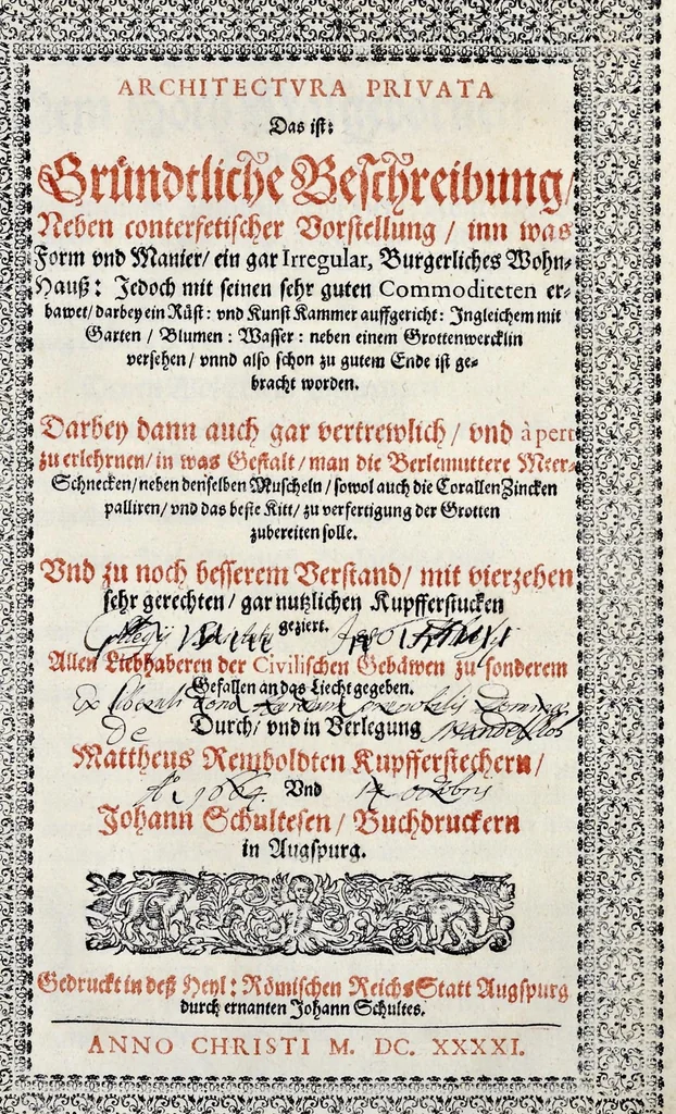 An illustration from Architectura privata, das ist, Gründtliche Beschreibung, neben conterfetischer Vorstellung, inn was Form vnd Manier ein gar irregular, burgerliches Wohnhaus, jedoch mit seinem sehr guten Commoditeten erbawet, darbey ein Rüst vnd Kunst Kammer auffgericht, ingleichem mit Garten, Blumen, Wasser, neben einem Grottenwercklin versehen, vnnd also schon zu gutem Ende ist gebracht worden : darbey ... zu erlehrnen in was Gestalt man die Berlemuttere Meer-Schnecken, neben denselben Muscheln, sowol auch die CorallenZincken palliren, vnd das beste Kitt zu verfertigung der Grotten zubereiten solle ..., 1641, leaf 6