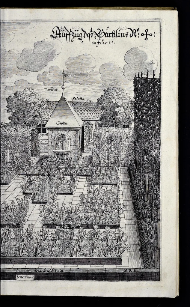 An illustration from Architectura privata, das ist, Gründtliche Beschreibung, neben conterfetischer Vorstellung, inn was Form vnd Manier ein gar irregular, burgerliches Wohnhaus, jedoch mit seinem sehr guten Commoditeten erbawet, darbey ein Rüst vnd Kunst Kammer auffgericht, ingleichem mit Garten, Blumen, Wasser, neben einem Grottenwercklin versehen, vnnd also schon zu gutem Ende ist gebracht worden : darbey ... zu erlehrnen in was Gestalt man die Berlemuttere Meer-Schnecken, neben denselben Muscheln, sowol auch die CorallenZincken palliren, vnd das beste Kitt zu verfertigung der Grotten zubereiten solle ..., 1641, leaf 62