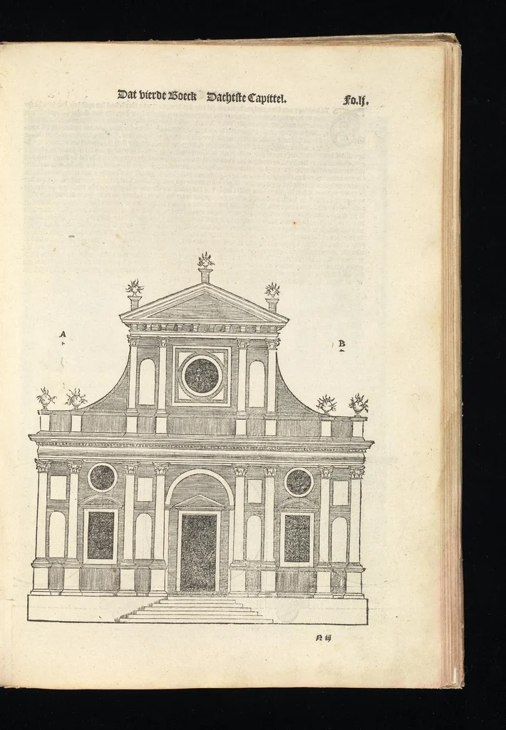 An illustration from Reglen van metselrijen op de vijue manieren van edificien : te wetene Thuscana, Dorica, Corinthia, eñ composita, ende daer by gesedt die exemplen vanden antiquijquen, die in din eeste deel met de leeringe van Vitruvio ouercommen : met noch toeghesedette figuren die inteerste met en waren ende sommige texten, 1549, leaf 102