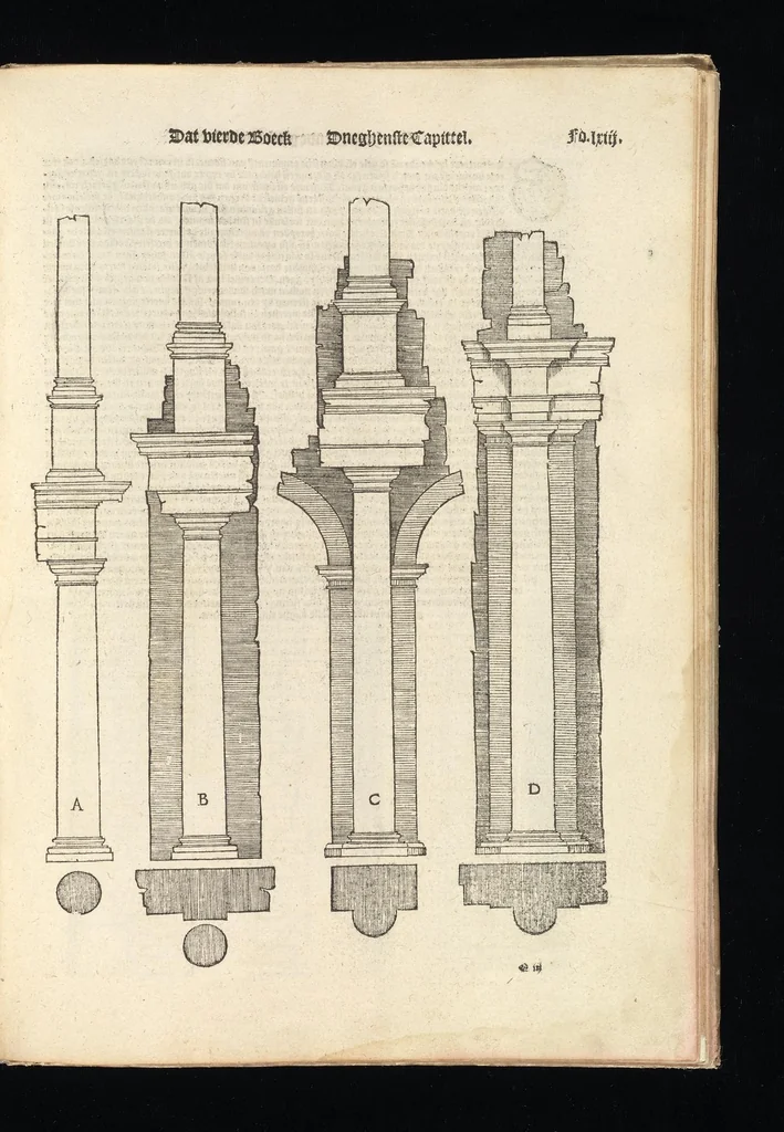 An illustration from Reglen van metselrijen op de vijue manieren van edificien : te wetene Thuscana, Dorica, Corinthia, eñ composita, ende daer by gesedt die exemplen vanden antiquijquen, die in din eeste deel met de leeringe van Vitruvio ouercommen : met noch toeghesedette figuren die inteerste met en waren ende sommige texten, 1549, leaf 126