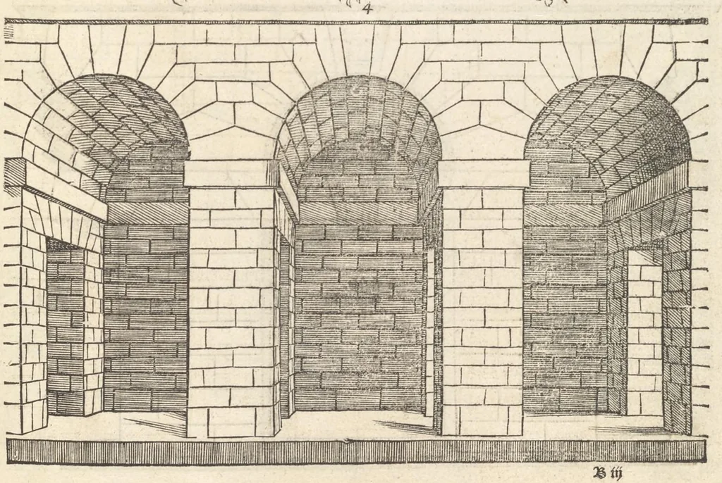 An illustration from Reglen van metselrijen op de vijue manieren van edificien : te wetene Thuscana, Dorica, Corinthia, eñ composita, ende daer by gesedt die exemplen vanden antiquijquen, die in din eeste deel met de leeringe van Vitruvio ouercommen : met noch toeghesedette figuren die inteerste met en waren ende sommige texten, 1549, leaf 14