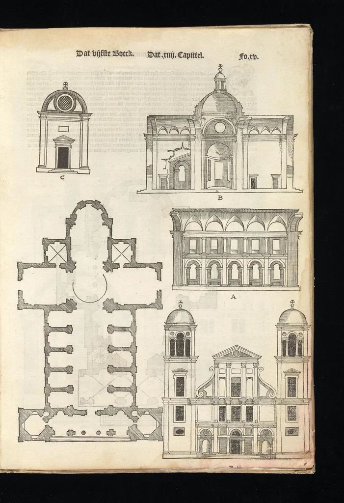An illustration from Reglen van metselrijen op de vijue manieren van edificien : te wetene Thuscana, Dorica, Corinthia, eñ composita, ende daer by gesedt die exemplen vanden antiquijquen, die in din eeste deel met de leeringe van Vitruvio ouercommen : met noch toeghesedette figuren die inteerste met en waren ende sommige texten, 1549, leaf 174