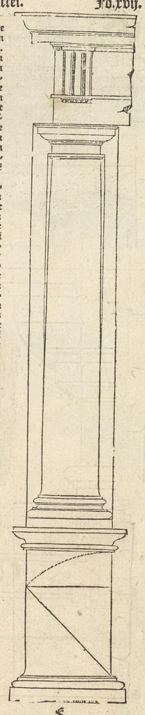 An illustration from Reglen van metselrijen op de vijue manieren van edificien : te wetene Thuscana, Dorica, Corinthia, eñ composita, ende daer by gesedt die exemplen vanden antiquijquen, die in din eeste deel met de leeringe van Vitruvio ouercommen : met noch toeghesedette figuren die inteerste met en waren ende sommige texten, 1549, leaf 34