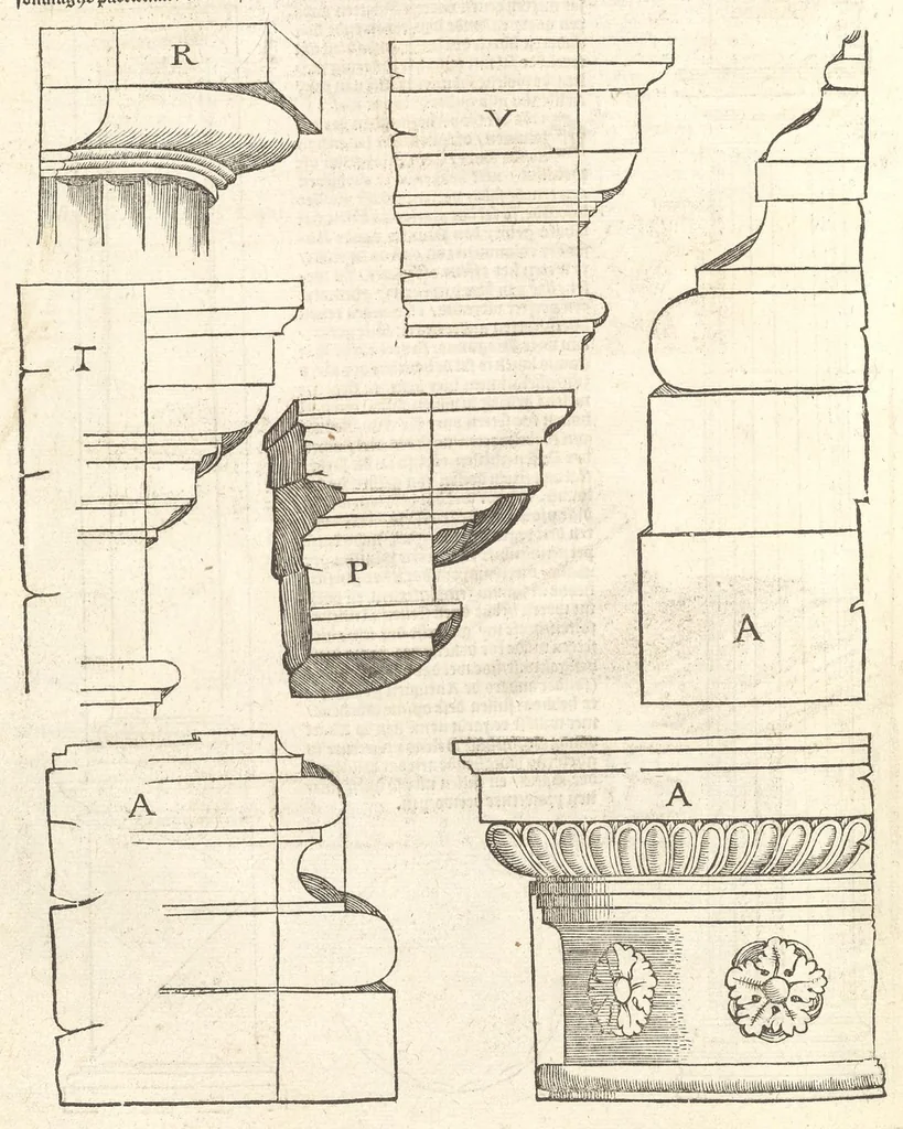 An illustration from Reglen van metselrijen op de vijue manieren van edificien : te wetene Thuscana, Dorica, Corinthia, eñ composita, ende daer by gesedt die exemplen vanden antiquijquen, die in din eeste deel met de leeringe van Vitruvio ouercommen : met noch toeghesedette figuren die inteerste met en waren ende sommige texten, 1549, leaf 35