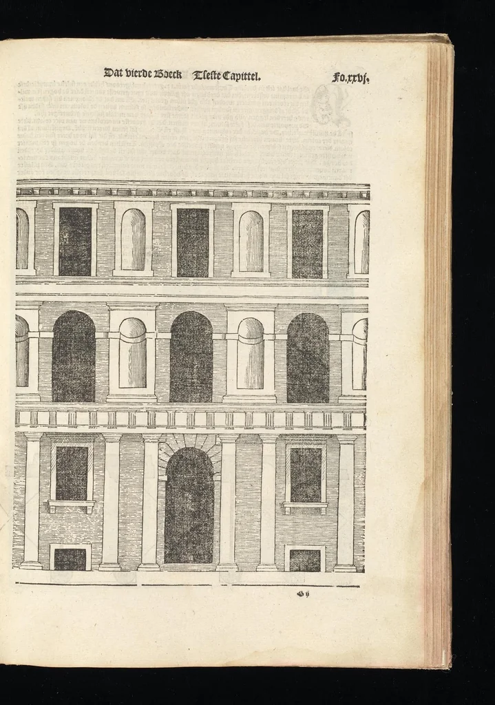 An illustration from Reglen van metselrijen op de vijue manieren van edificien : te wetene Thuscana, Dorica, Corinthia, eñ composita, ende daer by gesedt die exemplen vanden antiquijquen, die in din eeste deel met de leeringe van Vitruvio ouercommen : met noch toeghesedette figuren die inteerste met en waren ende sommige texten, 1549, leaf 52