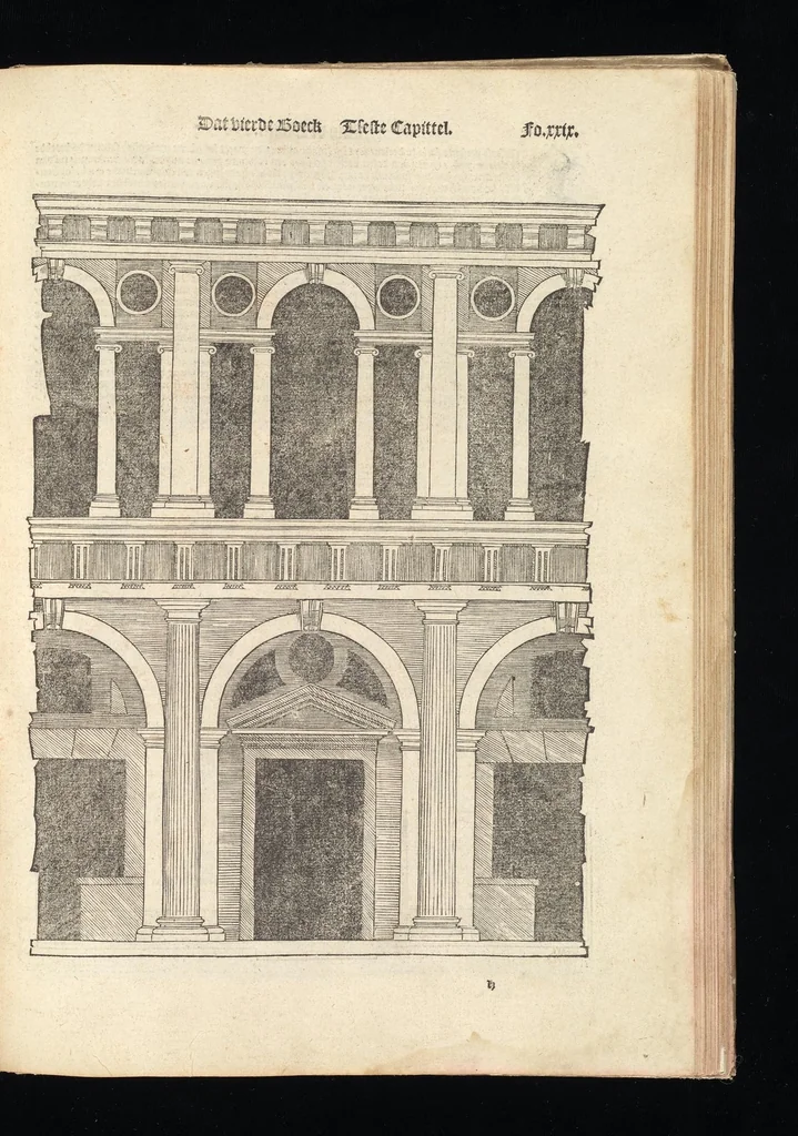 An illustration from Reglen van metselrijen op de vijue manieren van edificien : te wetene Thuscana, Dorica, Corinthia, eñ composita, ende daer by gesedt die exemplen vanden antiquijquen, die in din eeste deel met de leeringe van Vitruvio ouercommen : met noch toeghesedette figuren die inteerste met en waren ende sommige texten, 1549, leaf 58