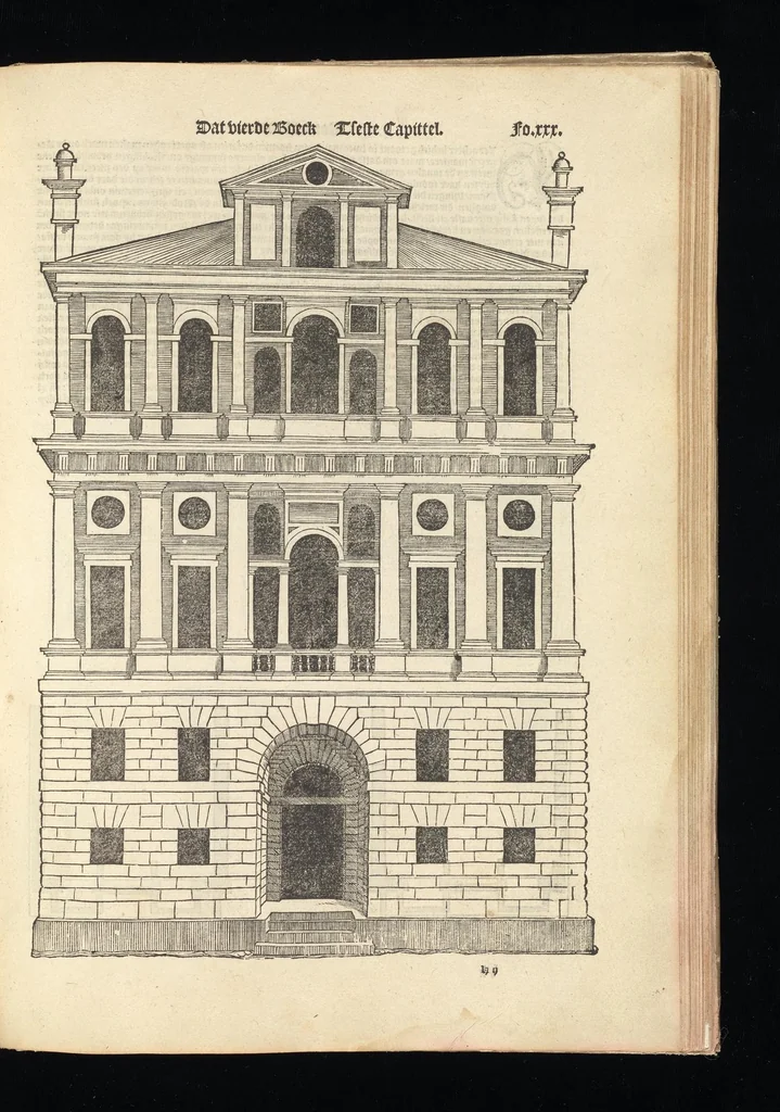 An illustration from Reglen van metselrijen op de vijue manieren van edificien : te wetene Thuscana, Dorica, Corinthia, eñ composita, ende daer by gesedt die exemplen vanden antiquijquen, die in din eeste deel met de leeringe van Vitruvio ouercommen : met noch toeghesedette figuren die inteerste met en waren ende sommige texten, 1549, leaf 60