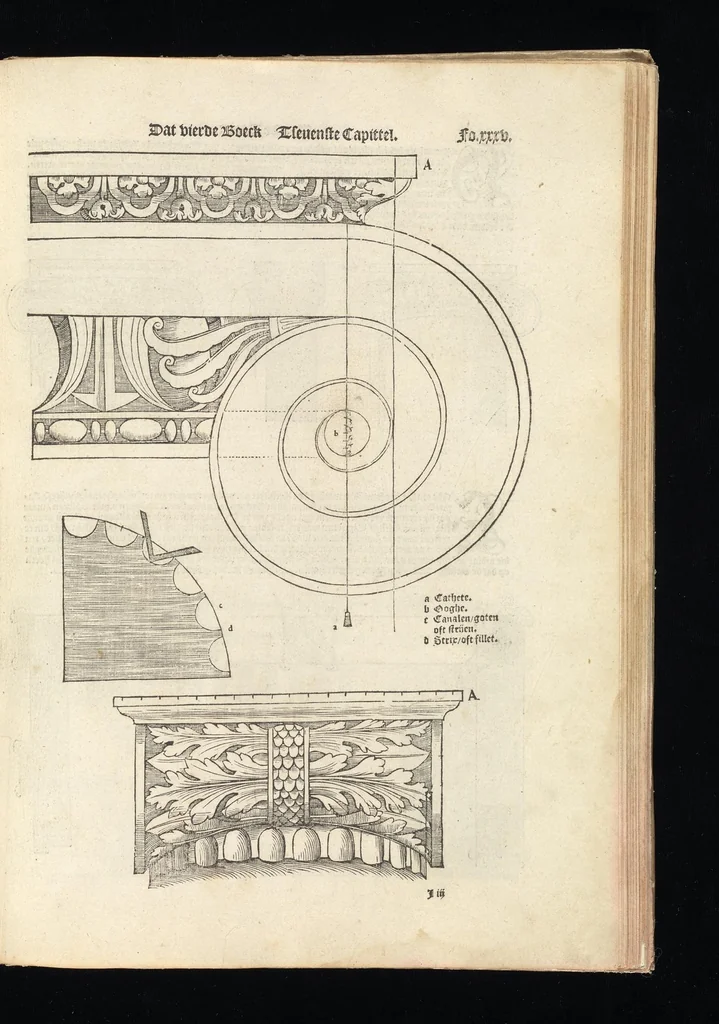 An illustration from Reglen van metselrijen op de vijue manieren van edificien : te wetene Thuscana, Dorica, Corinthia, eñ composita, ende daer by gesedt die exemplen vanden antiquijquen, die in din eeste deel met de leeringe van Vitruvio ouercommen : met noch toeghesedette figuren die inteerste met en waren ende sommige texten, 1549, leaf 70