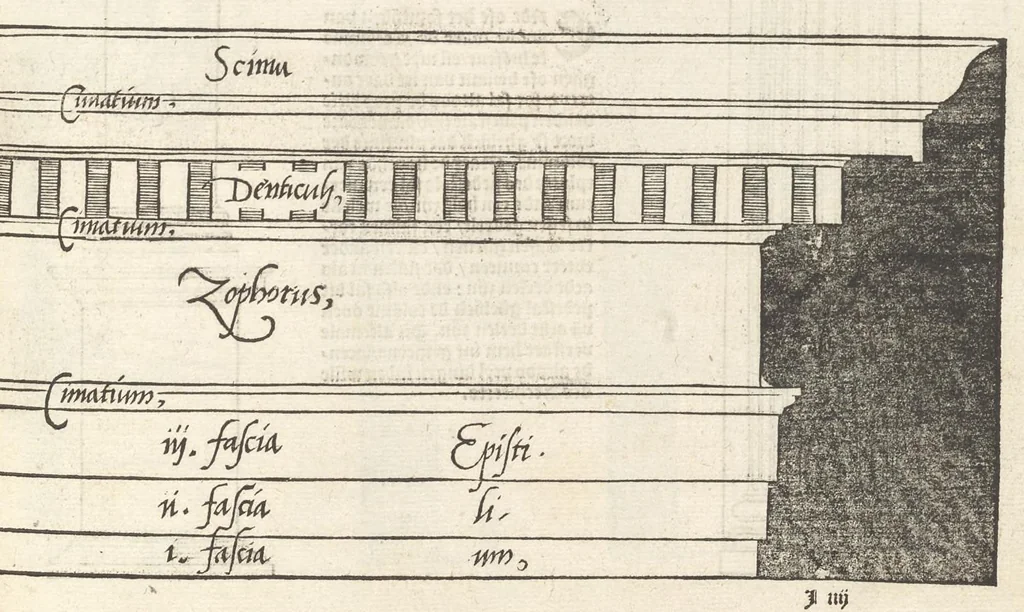 An illustration from Reglen van metselrijen op de vijue manieren van edificien : te wetene Thuscana, Dorica, Corinthia, eñ composita, ende daer by gesedt die exemplen vanden antiquijquen, die in din eeste deel met de leeringe van Vitruvio ouercommen : met noch toeghesedette figuren die inteerste met en waren ende sommige texten, 1549, leaf 72