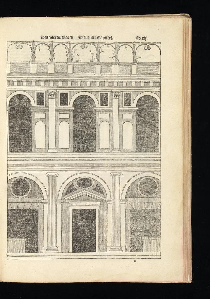 An illustration from Reglen van metselrijen op de vijue manieren van edificien : te wetene Thuscana, Dorica, Corinthia, eñ composita, ende daer by gesedt die exemplen vanden antiquijquen, die in din eeste deel met de leeringe van Vitruvio ouercommen : met noch toeghesedette figuren die inteerste met en waren ende sommige texten, 1549, leaf 82