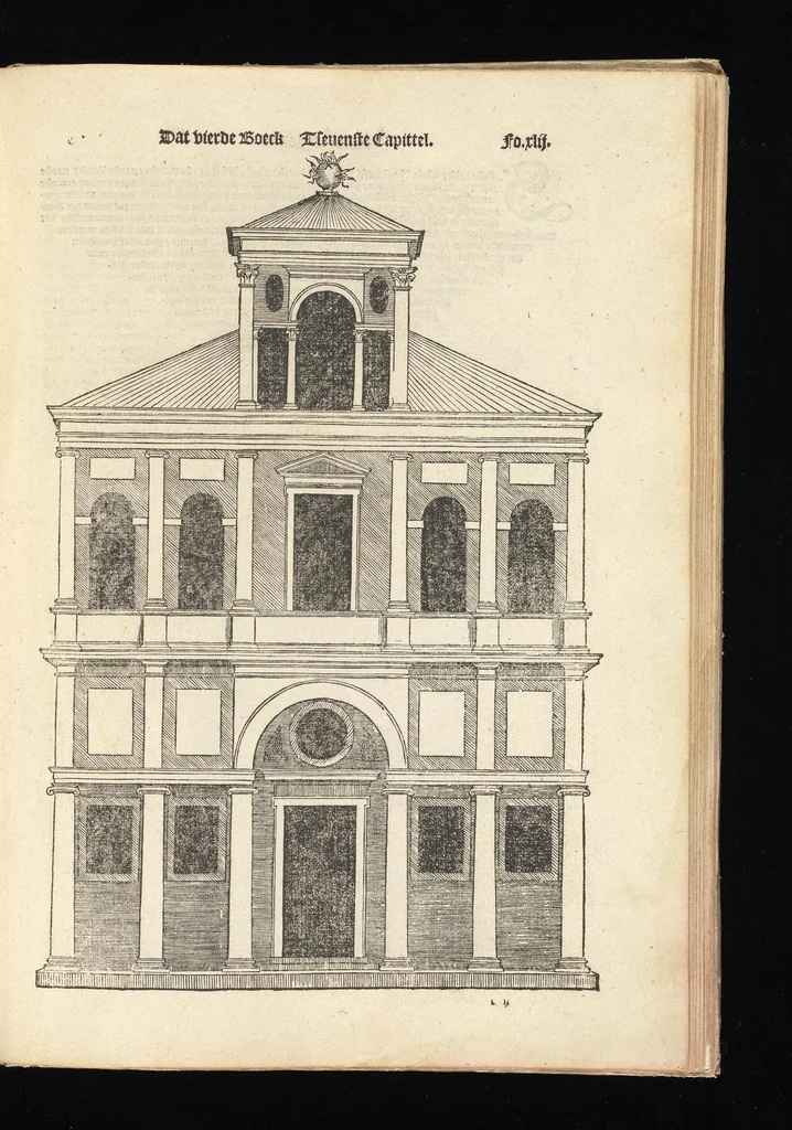 An illustration from Reglen van metselrijen op de vijue manieren van edificien : te wetene Thuscana, Dorica, Corinthia, eñ composita, ende daer by gesedt die exemplen vanden antiquijquen, die in din eeste deel met de leeringe van Vitruvio ouercommen : met noch toeghesedette figuren die inteerste met en waren ende sommige texten, 1549, leaf 84