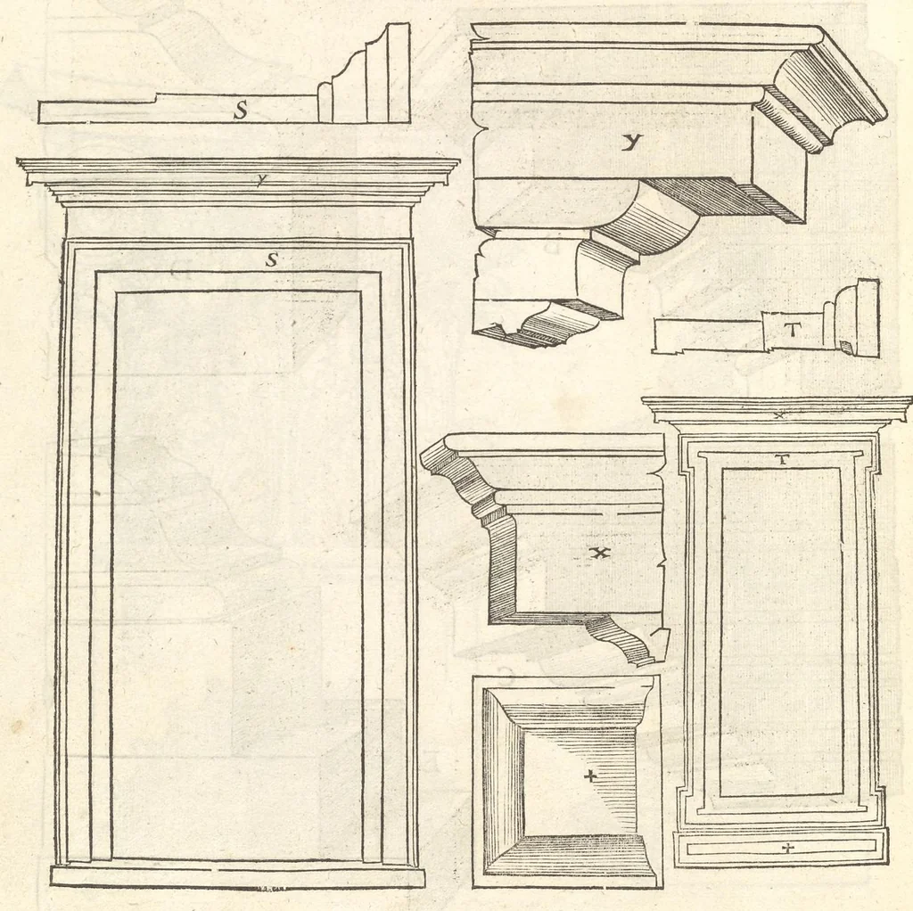 An illustration from Reglen van metselrijen op de vijue manieren van edificien : te wetene Thuscana, Dorica, Corinthia, eñ composita, ende daer by gesedt die exemplen vanden antiquijquen, die in din eeste deel met de leeringe van Vitruvio ouercommen : met noch toeghesedette figuren die inteerste met en waren ende sommige texten, 1549, leaf 95