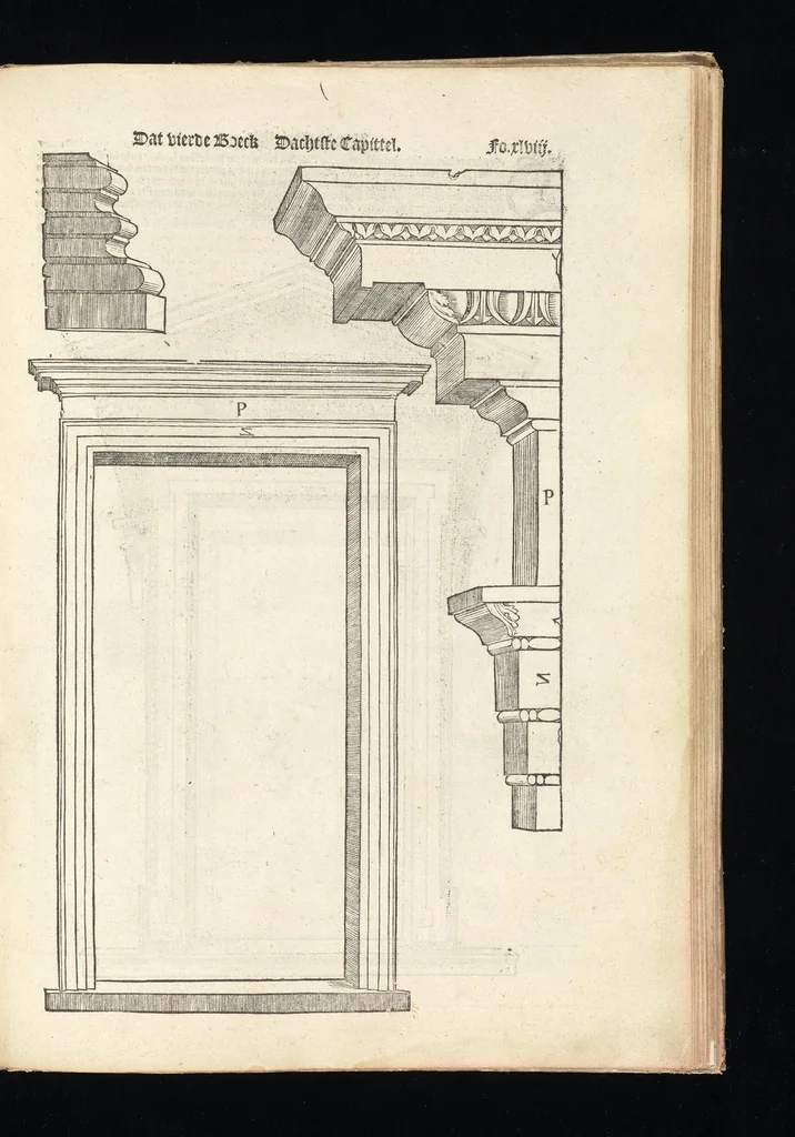 An illustration from Reglen van metselrijen op de vijue manieren van edificien : te wetene Thuscana, Dorica, Corinthia, eñ composita, ende daer by gesedt die exemplen vanden antiquijquen, die in din eeste deel met de leeringe van Vitruvio ouercommen : met noch toeghesedette figuren die inteerste met en waren ende sommige texten, 1549, leaf 96