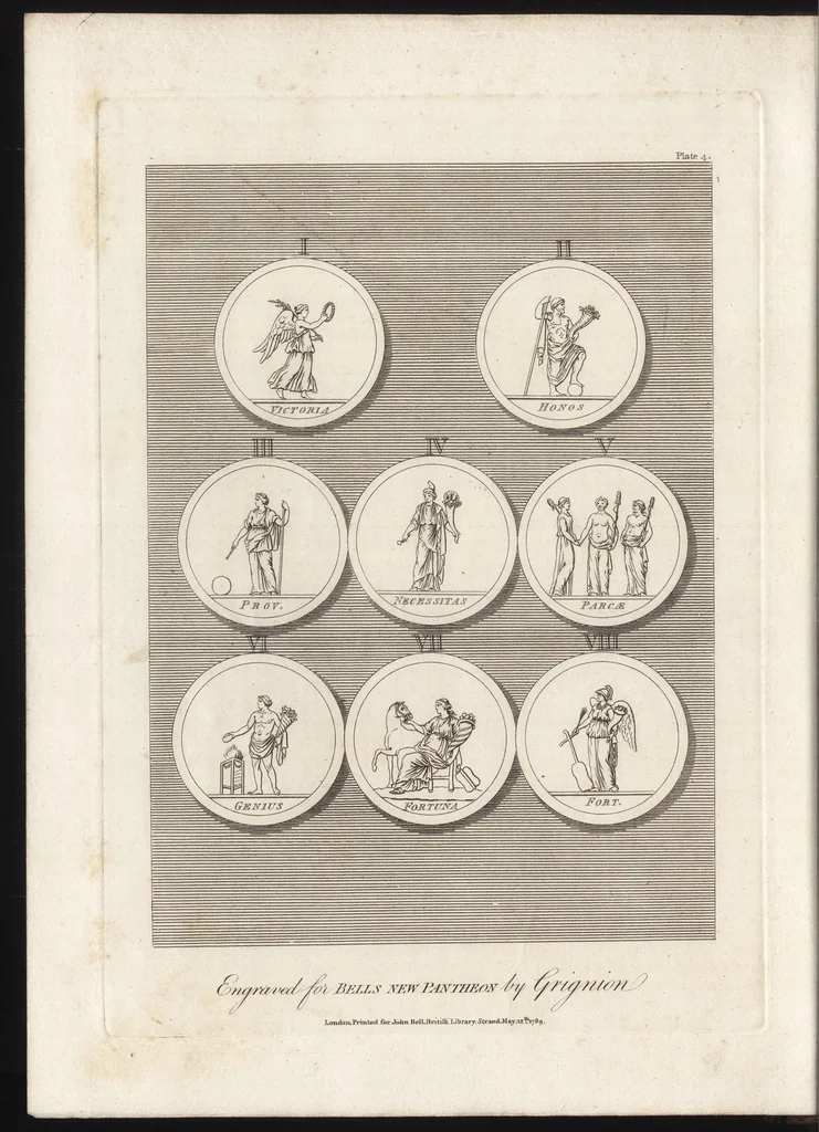 An illustration from Bell's New pantheon, or, Historical dictionary of the gods, demi-gods, heroes, and fabulous personages of antiquity : also, of the images and idols adored in the pagan world : together with their temples, priests, altars, oracles, fasts, festivals, games, &c. : as well as descriptions of their figures, representations, and symbols, collected from statues, pictures, coins, and other remains of the ancients : the whole designed to facilitate the study of mythology, history, poetry, painting, statuary, medals, &c. &c. : and compiled from the best authorities : richly embellished with characteristic prints, 1790, leaf 135