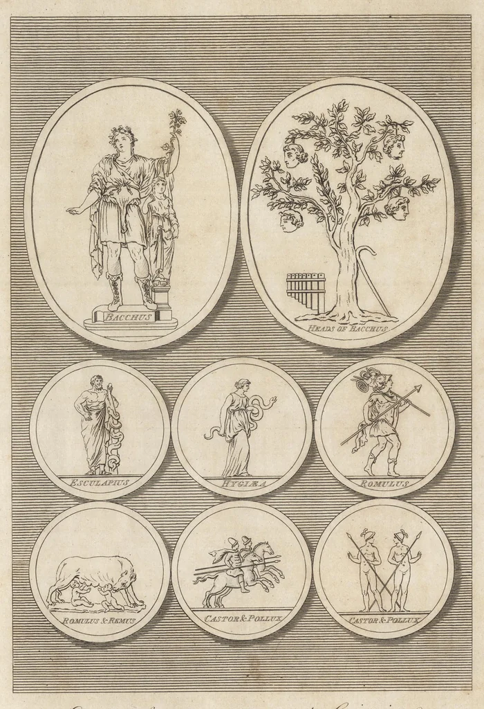 An illustration from Bell's New pantheon, or, Historical dictionary of the gods, demi-gods, heroes, and fabulous personages of antiquity : also, of the images and idols adored in the pagan world : together with their temples, priests, altars, oracles, fasts, festivals, games, &c. : as well as descriptions of their figures, representations, and symbols, collected from statues, pictures, coins, and other remains of the ancients : the whole designed to facilitate the study of mythology, history, poetry, painting, statuary, medals, &c. &c. : and compiled from the best authorities : richly embellished with characteristic prints, 1790, leaf 263