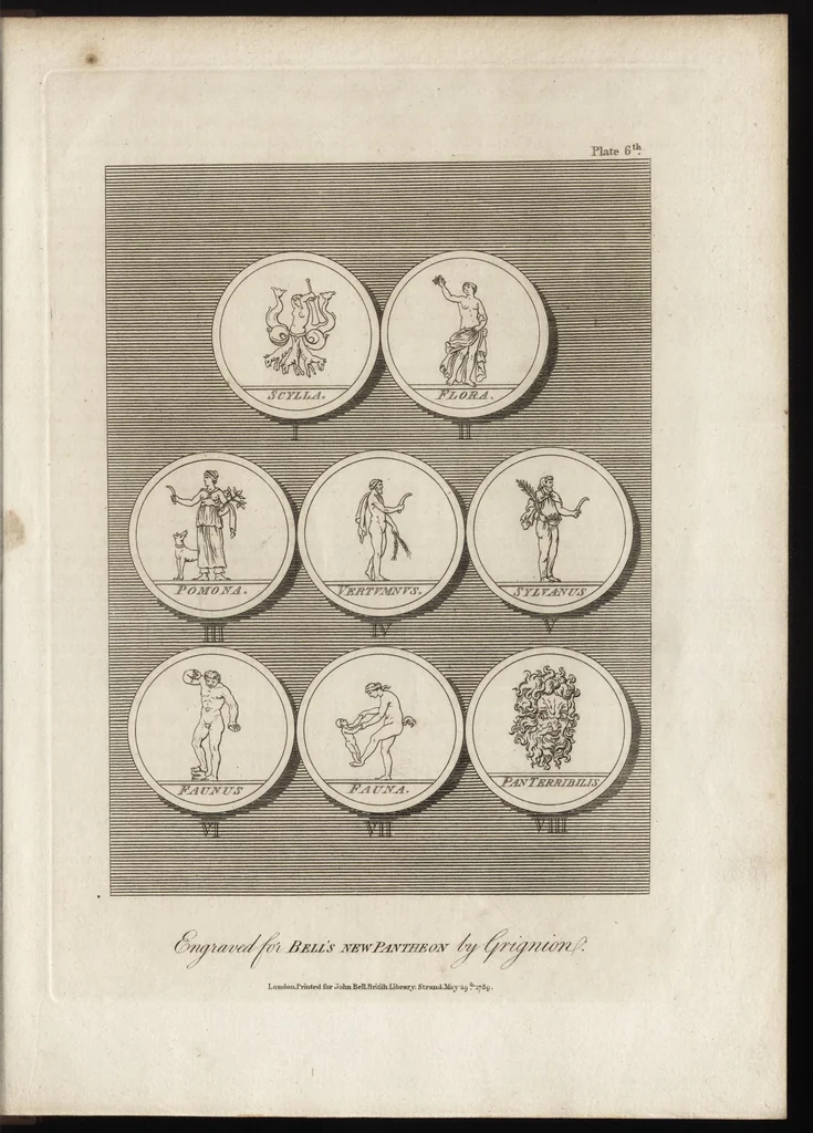 An illustration from Bell's New pantheon, or, Historical dictionary of the gods, demi-gods, heroes, and fabulous personages of antiquity : also, of the images and idols adored in the pagan world : together with their temples, priests, altars, oracles, fasts, festivals, games, &c. : as well as descriptions of their figures, representations, and symbols, collected from statues, pictures, coins, and other remains of the ancients : the whole designed to facilitate the study of mythology, history, poetry, painting, statuary, medals, &c. &c. : and compiled from the best authorities : richly embellished with characteristic prints, 1790, leaf 284