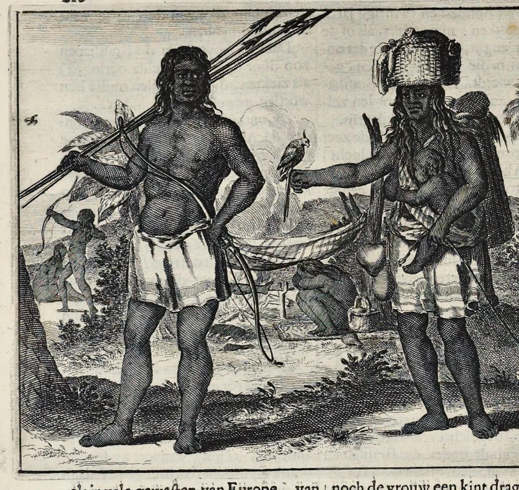 An illustration from Johan Nieuhofs Gedenkweerdige Brasiliaense zee- en lantreize : behelzende alhetgeen op dezelve is voorgevallen : beneffens een bondige beschrijving van gantsch Neerlants Brasil, zoo van lantschappen, steden, dieren, gewassen, als draghten, zeden en godsdienst der inwoonders : en inzonderheit ein wijtloopig verhael der merkwaardigste voorvallen en geschiedenissen, die zich, geduurende zijn negenjarigh verblijf in Brasil, in d'oorlogen en opstant der Portugesen tegen d'onzen, zich sedert het jaer 1640 tot 1649 hebben toegedragen : doorgaens verciert met verscheide afbeeldingen na 't leven aldaer getekent, 1682, leaf 251