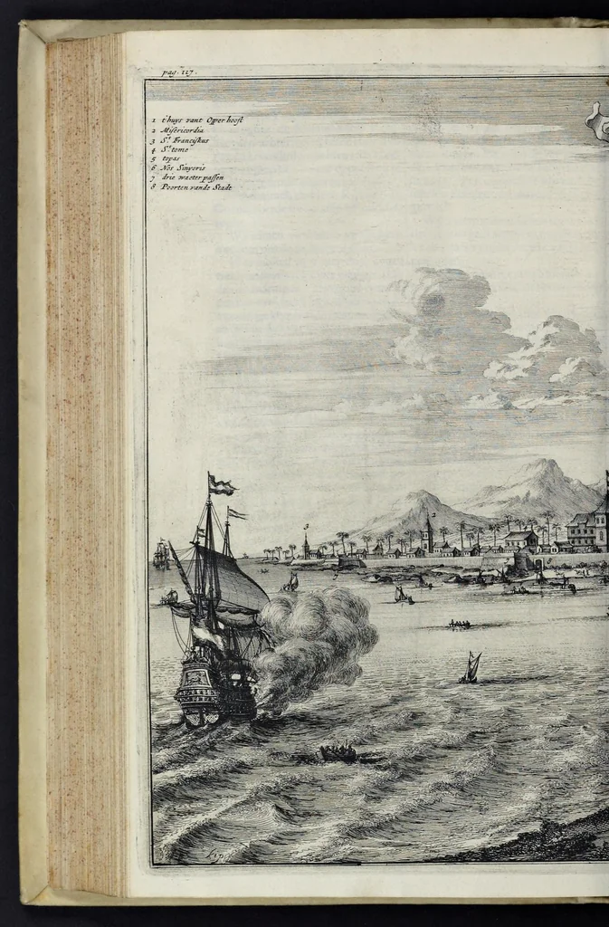 An illustration from Johan Nieuhofs Gedenkweerdige Brasiliaense zee- en lantreize : behelzende alhetgeen op dezelve is voorgevallen : beneffens een bondige beschrijving van gantsch Neerlants Brasil, zoo van lantschappen, steden, dieren, gewassen, als draghten, zeden en godsdienst der inwoonders : en inzonderheit ein wijtloopig verhael der merkwaardigste voorvallen en geschiedenissen, die zich, geduurende zijn negenjarigh verblijf in Brasil, in d'oorlogen en opstant der Portugesen tegen d'onzen, zich sedert het jaer 1640 tot 1649 hebben toegedragen : doorgaens verciert met verscheide afbeeldingen na 't leven aldaer getekent, 1682, leaf 433
