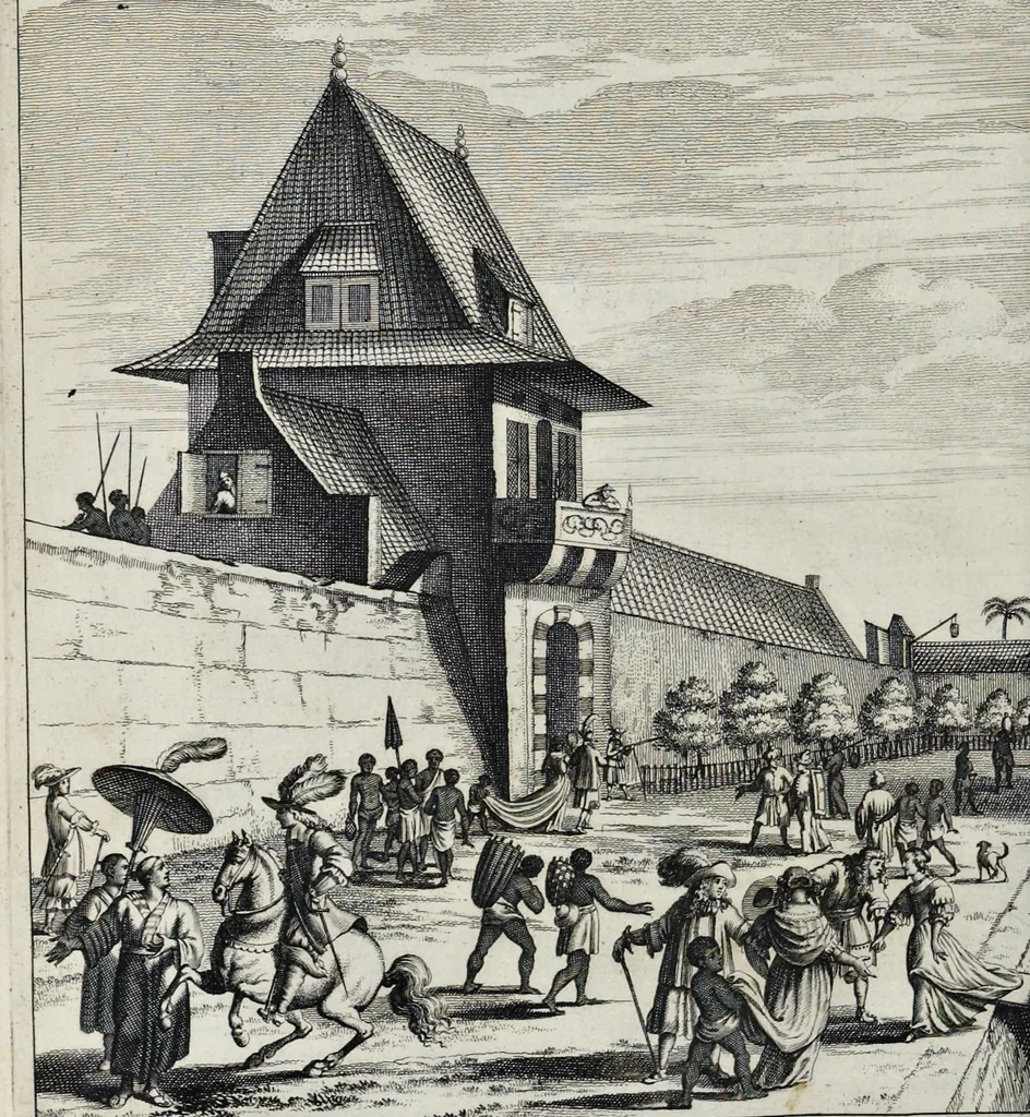 An illustration from Johan Nieuhofs Gedenkweerdige Brasiliaense zee- en lantreize : behelzende alhetgeen op dezelve is voorgevallen : beneffens een bondige beschrijving van gantsch Neerlants Brasil, zoo van lantschappen, steden, dieren, gewassen, als draghten, zeden en godsdienst der inwoonders : en inzonderheit ein wijtloopig verhael der merkwaardigste voorvallen en geschiedenissen, die zich, geduurende zijn negenjarigh verblijf in Brasil, in d'oorlogen en opstant der Portugesen tegen d'onzen, zich sedert het jaer 1640 tot 1649 hebben toegedragen : doorgaens verciert met verscheide afbeeldingen na 't leven aldaer getekent, 1682, leaf 527