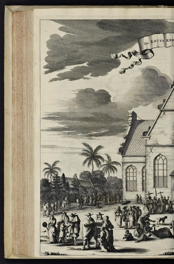 An illustration from Johan Nieuhofs Gedenkweerdige Brasiliaense zee- en lantreize : behelzende alhetgeen op dezelve is voorgevallen : beneffens een bondige beschrijving van gantsch Neerlants Brasil, zoo van lantschappen, steden, dieren, gewassen, als draghten, zeden en godsdienst der inwoonders : en inzonderheit ein wijtloopig verhael der merkwaardigste voorvallen en geschiedenissen, die zich, geduurende zijn negenjarigh verblijf in Brasil, in d'oorlogen en opstant der Portugesen tegen d'onzen, zich sedert het jaer 1640 tot 1649 hebben toegedragen : doorgaens verciert met verscheide afbeeldingen na 't leven aldaer getekent, 1682, leaf 545