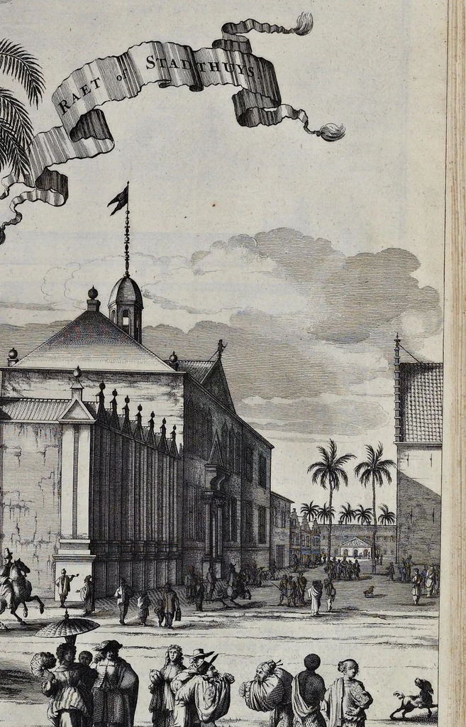 An illustration from Johan Nieuhofs Gedenkweerdige Brasiliaense zee- en lantreize : behelzende alhetgeen op dezelve is voorgevallen : beneffens een bondige beschrijving van gantsch Neerlants Brasil, zoo van lantschappen, steden, dieren, gewassen, als draghten, zeden en godsdienst der inwoonders : en inzonderheit ein wijtloopig verhael der merkwaardigste voorvallen en geschiedenissen, die zich, geduurende zijn negenjarigh verblijf in Brasil, in d'oorlogen en opstant der Portugesen tegen d'onzen, zich sedert het jaer 1640 tot 1649 hebben toegedragen : doorgaens verciert met verscheide afbeeldingen na 't leven aldaer getekent, 1682, leaf 550