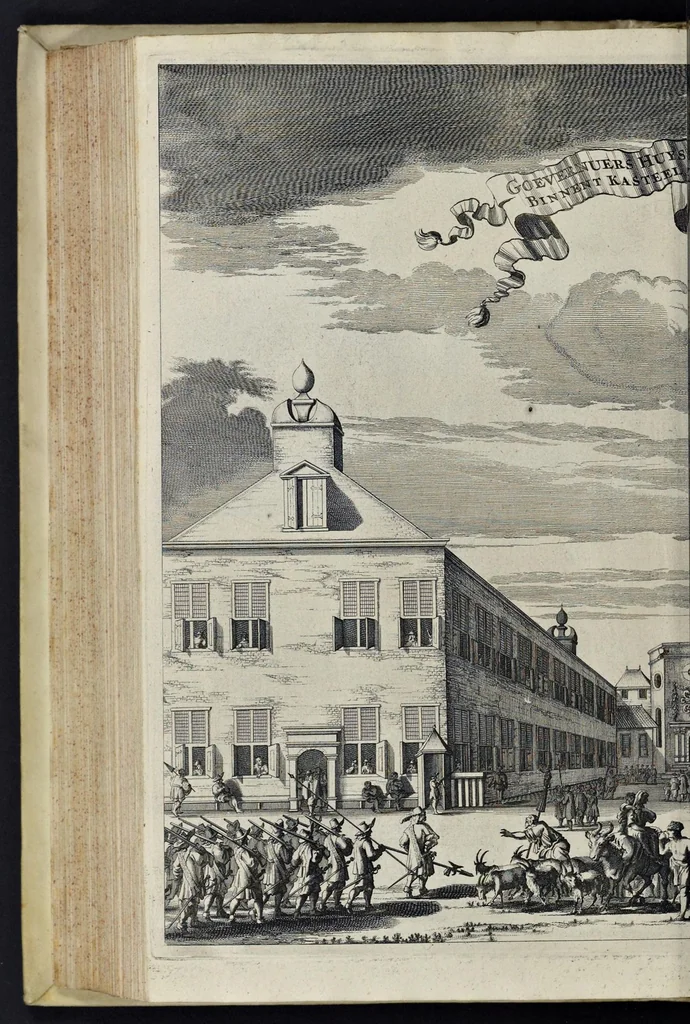 An illustration from Johan Nieuhofs Gedenkweerdige Brasiliaense zee- en lantreize : behelzende alhetgeen op dezelve is voorgevallen : beneffens een bondige beschrijving van gantsch Neerlants Brasil, zoo van lantschappen, steden, dieren, gewassen, als draghten, zeden en godsdienst der inwoonders : en inzonderheit ein wijtloopig verhael der merkwaardigste voorvallen en geschiedenissen, die zich, geduurende zijn negenjarigh verblijf in Brasil, in d'oorlogen en opstant der Portugesen tegen d'onzen, zich sedert het jaer 1640 tot 1649 hebben toegedragen : doorgaens verciert met verscheide afbeeldingen na 't leven aldaer getekent, 1682, leaf 577