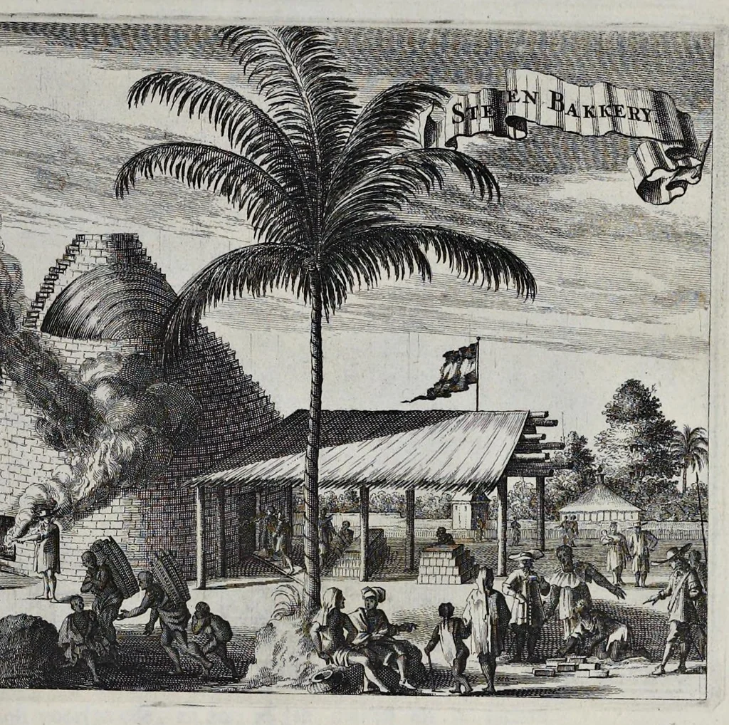 An illustration from Johan Nieuhofs Gedenkweerdige Brasiliaense zee- en lantreize : behelzende alhetgeen op dezelve is voorgevallen : beneffens een bondige beschrijving van gantsch Neerlants Brasil, zoo van lantschappen, steden, dieren, gewassen, als draghten, zeden en godsdienst der inwoonders : en inzonderheit ein wijtloopig verhael der merkwaardigste voorvallen en geschiedenissen, die zich, geduurende zijn negenjarigh verblijf in Brasil, in d'oorlogen en opstant der Portugesen tegen d'onzen, zich sedert het jaer 1640 tot 1649 hebben toegedragen : doorgaens verciert met verscheide afbeeldingen na 't leven aldaer getekent, 1682, leaf 582