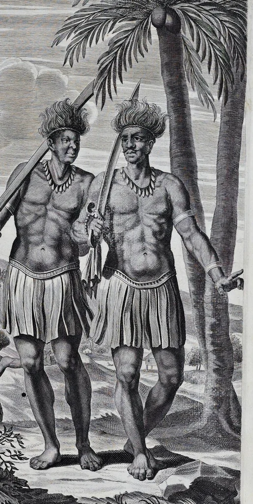 An illustration from Johan Nieuhofs Gedenkweerdige Brasiliaense zee- en lantreize : behelzende alhetgeen op dezelve is voorgevallen : beneffens een bondige beschrijving van gantsch Neerlants Brasil, zoo van lantschappen, steden, dieren, gewassen, als draghten, zeden en godsdienst der inwoonders : en inzonderheit ein wijtloopig verhael der merkwaardigste voorvallen en geschiedenissen, die zich, geduurende zijn negenjarigh verblijf in Brasil, in d'oorlogen en opstant der Portugesen tegen d'onzen, zich sedert het jaer 1640 tot 1649 hebben toegedragen : doorgaens verciert met verscheide afbeeldingen na 't leven aldaer getekent, 1682, leaf 602
