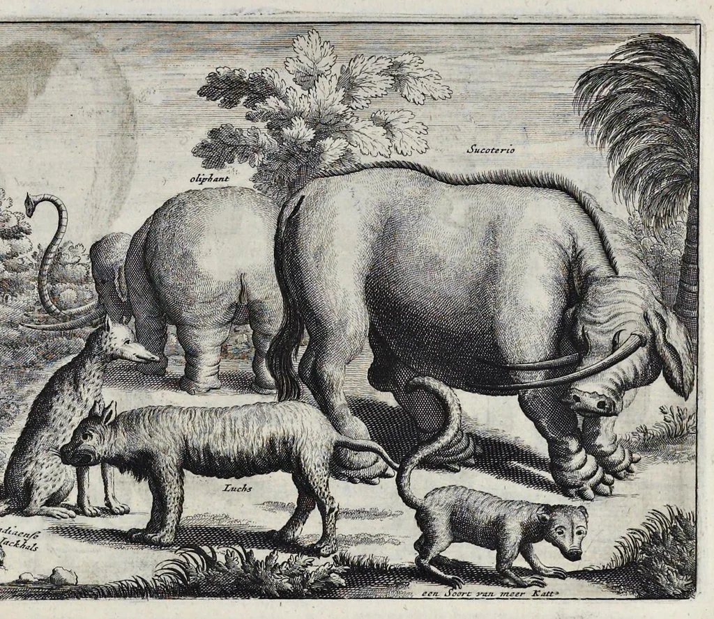 An illustration from Johan Nieuhofs Gedenkweerdige Brasiliaense zee- en lantreize : behelzende alhetgeen op dezelve is voorgevallen : beneffens een bondige beschrijving van gantsch Neerlants Brasil, zoo van lantschappen, steden, dieren, gewassen, als draghten, zeden en godsdienst der inwoonders : en inzonderheit ein wijtloopig verhael der merkwaardigste voorvallen en geschiedenissen, die zich, geduurende zijn negenjarigh verblijf in Brasil, in d'oorlogen en opstant der Portugesen tegen d'onzen, zich sedert het jaer 1640 tot 1649 hebben toegedragen : doorgaens verciert met verscheide afbeeldingen na 't leven aldaer getekent, 1682, leaf 716
