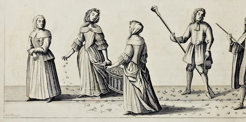 An illustration from The history of the coronation of the most high, most mighty, and most excellent monarch, James II, by the grace of God, king of England, Scotland, France and Ireland, defender of the faith, &c. and of his royal consort Queen Mary : solemnized in the collegiate church of St. Peter in the city of Westminster, on Thursday the 23 of April, being the festival of St. George, in the year of Our Lord 1685 : with an exact account of the several preparations in order thereunto, Their Majesties most splendid processions, and their royal and magnificent feast in Westminster-Hall : the whole work illustrated with sculptures, 1687, leaf 107