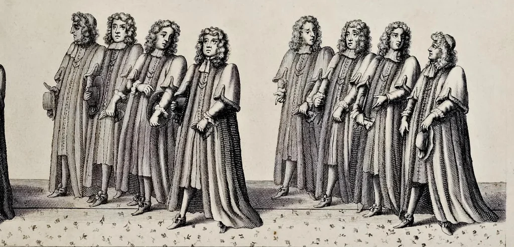 An illustration from The history of the coronation of the most high, most mighty, and most excellent monarch, James II, by the grace of God, king of England, Scotland, France and Ireland, defender of the faith, &c. and of his royal consort Queen Mary : solemnized in the collegiate church of St. Peter in the city of Westminster, on Thursday the 23 of April, being the festival of St. George, in the year of Our Lord 1685 : with an exact account of the several preparations in order thereunto, Their Majesties most splendid processions, and their royal and magnificent feast in Westminster-Hall : the whole work illustrated with sculptures, 1687, leaf 116