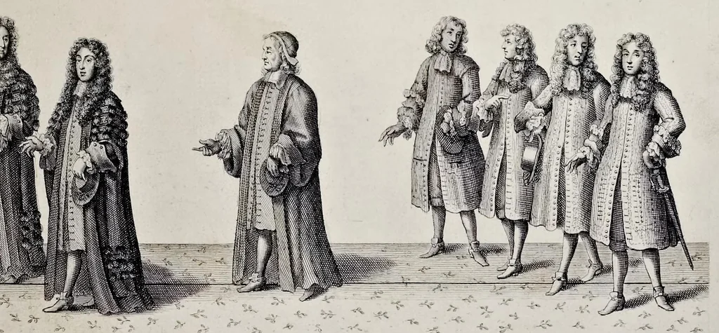 An illustration from The history of the coronation of the most high, most mighty, and most excellent monarch, James II, by the grace of God, king of England, Scotland, France and Ireland, defender of the faith, &c. and of his royal consort Queen Mary : solemnized in the collegiate church of St. Peter in the city of Westminster, on Thursday the 23 of April, being the festival of St. George, in the year of Our Lord 1685 : with an exact account of the several preparations in order thereunto, Their Majesties most splendid processions, and their royal and magnificent feast in Westminster-Hall : the whole work illustrated with sculptures, 1687, leaf 120