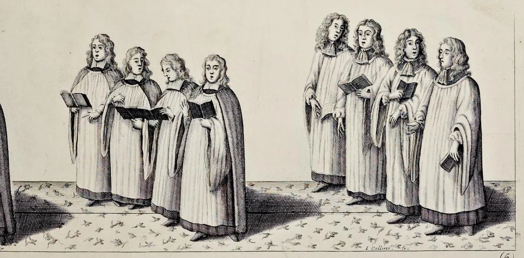 An illustration from The history of the coronation of the most high, most mighty, and most excellent monarch, James II, by the grace of God, king of England, Scotland, France and Ireland, defender of the faith, &c. and of his royal consort Queen Mary : solemnized in the collegiate church of St. Peter in the city of Westminster, on Thursday the 23 of April, being the festival of St. George, in the year of Our Lord 1685 : with an exact account of the several preparations in order thereunto, Their Majesties most splendid processions, and their royal and magnificent feast in Westminster-Hall : the whole work illustrated with sculptures, 1687, leaf 128