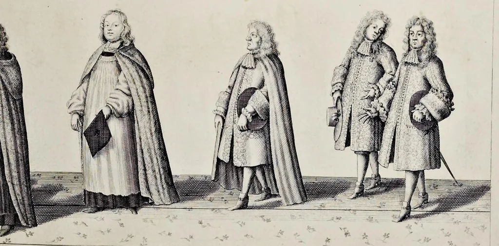 An illustration from The history of the coronation of the most high, most mighty, and most excellent monarch, James II, by the grace of God, king of England, Scotland, France and Ireland, defender of the faith, &c. and of his royal consort Queen Mary : solemnized in the collegiate church of St. Peter in the city of Westminster, on Thursday the 23 of April, being the festival of St. George, in the year of Our Lord 1685 : with an exact account of the several preparations in order thereunto, Their Majesties most splendid processions, and their royal and magnificent feast in Westminster-Hall : the whole work illustrated with sculptures, 1687, leaf 136