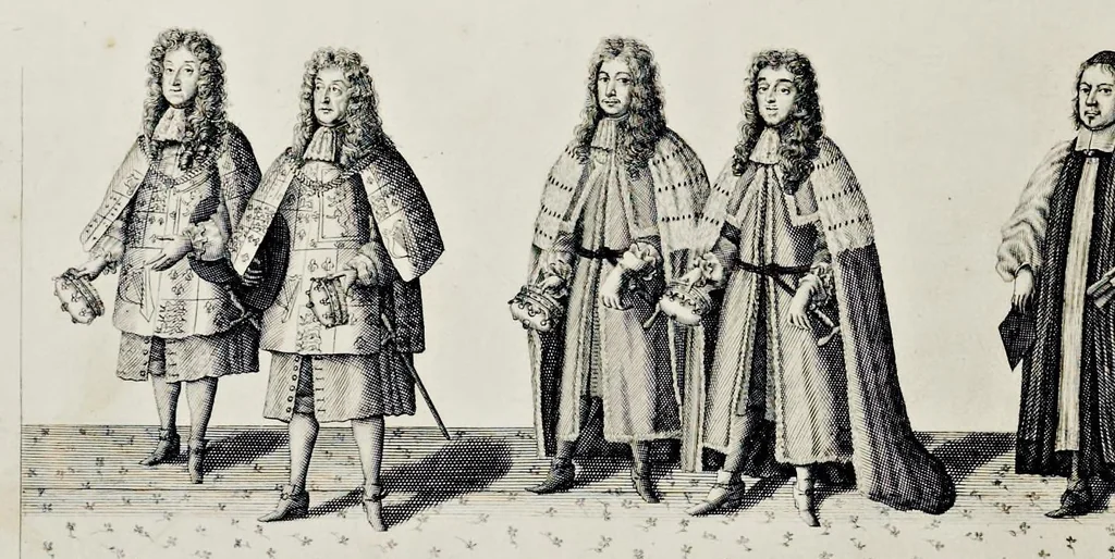 An illustration from The history of the coronation of the most high, most mighty, and most excellent monarch, James II, by the grace of God, king of England, Scotland, France and Ireland, defender of the faith, &c. and of his royal consort Queen Mary : solemnized in the collegiate church of St. Peter in the city of Westminster, on Thursday the 23 of April, being the festival of St. George, in the year of Our Lord 1685 : with an exact account of the several preparations in order thereunto, Their Majesties most splendid processions, and their royal and magnificent feast in Westminster-Hall : the whole work illustrated with sculptures, 1687, leaf 159