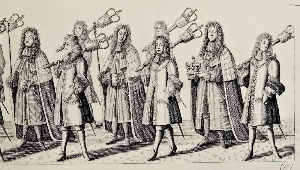 An illustration from The history of the coronation of the most high, most mighty, and most excellent monarch, James II, by the grace of God, king of England, Scotland, France and Ireland, defender of the faith, &c. and of his royal consort Queen Mary : solemnized in the collegiate church of St. Peter in the city of Westminster, on Thursday the 23 of April, being the festival of St. George, in the year of Our Lord 1685 : with an exact account of the several preparations in order thereunto, Their Majesties most splendid processions, and their royal and magnificent feast in Westminster-Hall : the whole work illustrated with sculptures, 1687, leaf 164