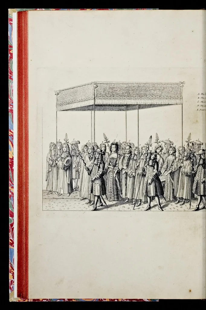 An illustration from The history of the coronation of the most high, most mighty, and most excellent monarch, James II, by the grace of God, king of England, Scotland, France and Ireland, defender of the faith, &c. and of his royal consort Queen Mary : solemnized in the collegiate church of St. Peter in the city of Westminster, on Thursday the 23 of April, being the festival of St. George, in the year of Our Lord 1685 : with an exact account of the several preparations in order thereunto, Their Majesties most splendid processions, and their royal and magnificent feast in Westminster-Hall : the whole work illustrated with sculptures, 1687, leaf 167
