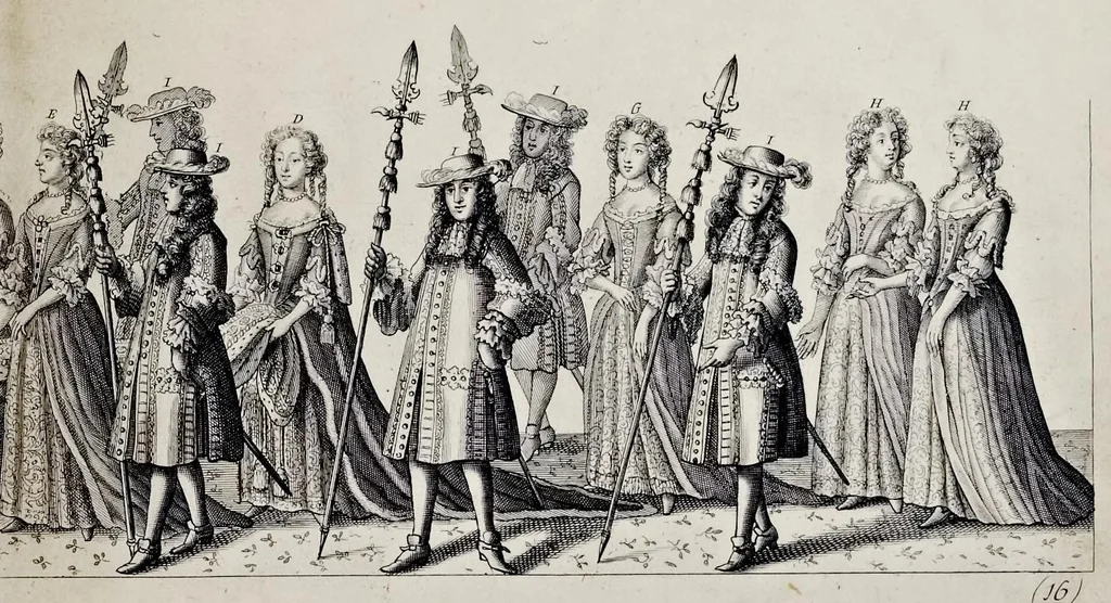 An illustration from The history of the coronation of the most high, most mighty, and most excellent monarch, James II, by the grace of God, king of England, Scotland, France and Ireland, defender of the faith, &c. and of his royal consort Queen Mary : solemnized in the collegiate church of St. Peter in the city of Westminster, on Thursday the 23 of April, being the festival of St. George, in the year of Our Lord 1685 : with an exact account of the several preparations in order thereunto, Their Majesties most splendid processions, and their royal and magnificent feast in Westminster-Hall : the whole work illustrated with sculptures, 1687, leaf 168