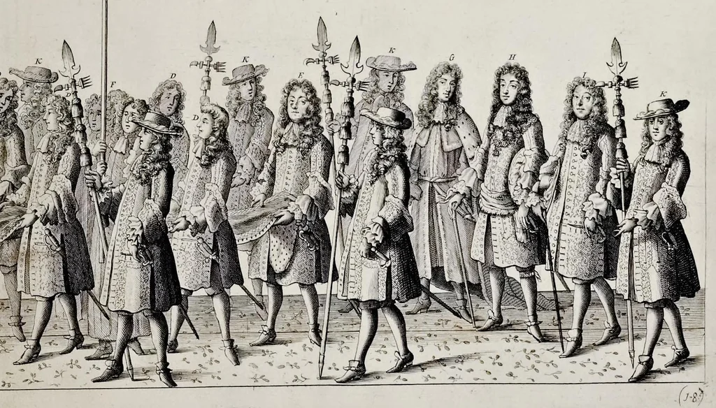 An illustration from The history of the coronation of the most high, most mighty, and most excellent monarch, James II, by the grace of God, king of England, Scotland, France and Ireland, defender of the faith, &c. and of his royal consort Queen Mary : solemnized in the collegiate church of St. Peter in the city of Westminster, on Thursday the 23 of April, being the festival of St. George, in the year of Our Lord 1685 : with an exact account of the several preparations in order thereunto, Their Majesties most splendid processions, and their royal and magnificent feast in Westminster-Hall : the whole work illustrated with sculptures, 1687, leaf 176