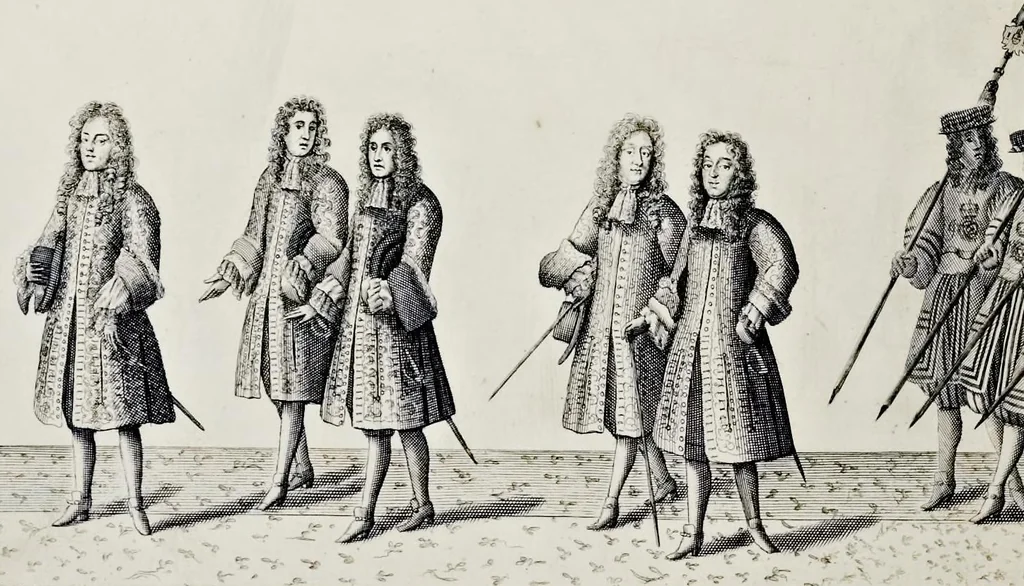 An illustration from The history of the coronation of the most high, most mighty, and most excellent monarch, James II, by the grace of God, king of England, Scotland, France and Ireland, defender of the faith, &c. and of his royal consort Queen Mary : solemnized in the collegiate church of St. Peter in the city of Westminster, on Thursday the 23 of April, being the festival of St. George, in the year of Our Lord 1685 : with an exact account of the several preparations in order thereunto, Their Majesties most splendid processions, and their royal and magnificent feast in Westminster-Hall : the whole work illustrated with sculptures, 1687, leaf 179