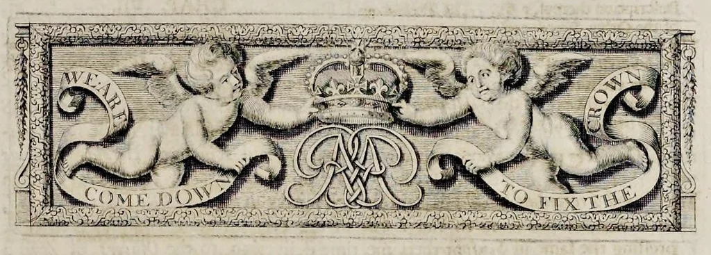 An illustration from The history of the coronation of the most high, most mighty, and most excellent monarch, James II, by the grace of God, king of England, Scotland, France and Ireland, defender of the faith, &c. and of his royal consort Queen Mary : solemnized in the collegiate church of St. Peter in the city of Westminster, on Thursday the 23 of April, being the festival of St. George, in the year of Our Lord 1685 : with an exact account of the several preparations in order thereunto, Their Majesties most splendid processions, and their royal and magnificent feast in Westminster-Hall : the whole work illustrated with sculptures, 1687, leaf 18