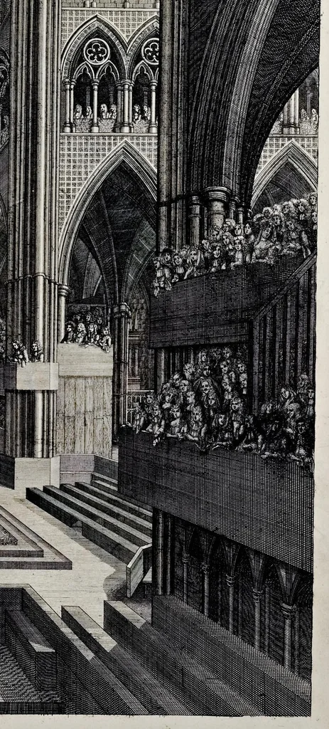 An illustration from The history of the coronation of the most high, most mighty, and most excellent monarch, James II, by the grace of God, king of England, Scotland, France and Ireland, defender of the faith, &c. and of his royal consort Queen Mary : solemnized in the collegiate church of St. Peter in the city of Westminster, on Thursday the 23 of April, being the festival of St. George, in the year of Our Lord 1685 : with an exact account of the several preparations in order thereunto, Their Majesties most splendid processions, and their royal and magnificent feast in Westminster-Hall : the whole work illustrated with sculptures, 1687, leaf 188