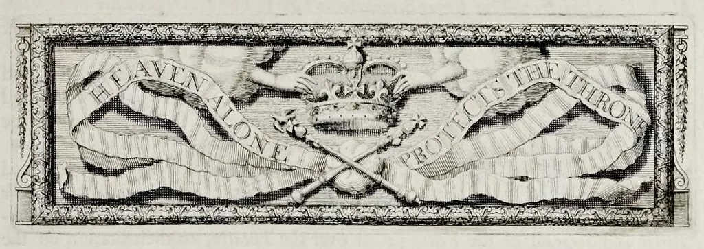 An illustration from The history of the coronation of the most high, most mighty, and most excellent monarch, James II, by the grace of God, king of England, Scotland, France and Ireland, defender of the faith, &c. and of his royal consort Queen Mary : solemnized in the collegiate church of St. Peter in the city of Westminster, on Thursday the 23 of April, being the festival of St. George, in the year of Our Lord 1685 : with an exact account of the several preparations in order thereunto, Their Majesties most splendid processions, and their royal and magnificent feast in Westminster-Hall : the whole work illustrated with sculptures, 1687, leaf 190