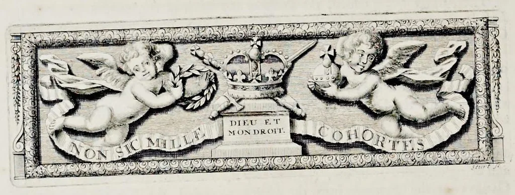 An illustration from The history of the coronation of the most high, most mighty, and most excellent monarch, James II, by the grace of God, king of England, Scotland, France and Ireland, defender of the faith, &c. and of his royal consort Queen Mary : solemnized in the collegiate church of St. Peter in the city of Westminster, on Thursday the 23 of April, being the festival of St. George, in the year of Our Lord 1685 : with an exact account of the several preparations in order thereunto, Their Majesties most splendid processions, and their royal and magnificent feast in Westminster-Hall : the whole work illustrated with sculptures, 1687, leaf 193