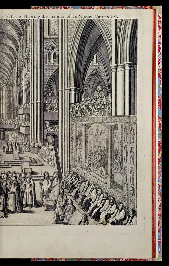 An illustration from The history of the coronation of the most high, most mighty, and most excellent monarch, James II, by the grace of God, king of England, Scotland, France and Ireland, defender of the faith, &c. and of his royal consort Queen Mary : solemnized in the collegiate church of St. Peter in the city of Westminster, on Thursday the 23 of April, being the festival of St. George, in the year of Our Lord 1685 : with an exact account of the several preparations in order thereunto, Their Majesties most splendid processions, and their royal and magnificent feast in Westminster-Hall : the whole work illustrated with sculptures, 1687, leaf 204