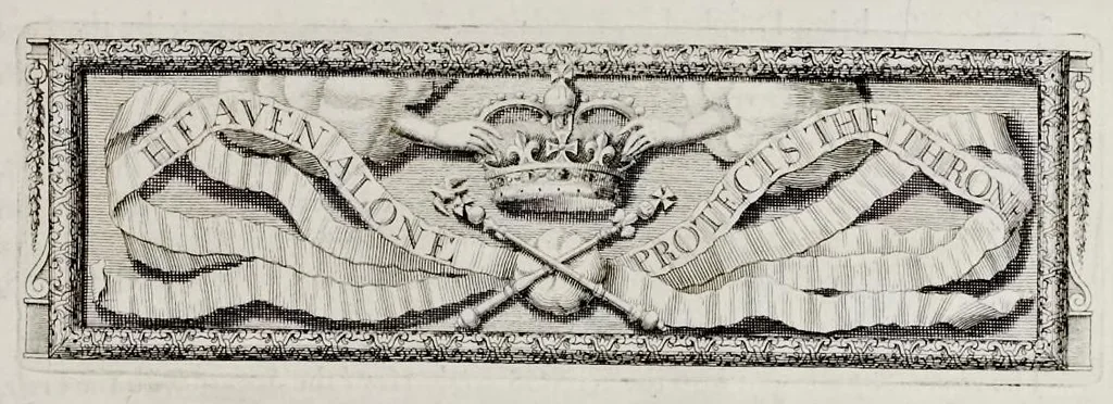 An illustration from The history of the coronation of the most high, most mighty, and most excellent monarch, James II, by the grace of God, king of England, Scotland, France and Ireland, defender of the faith, &c. and of his royal consort Queen Mary : solemnized in the collegiate church of St. Peter in the city of Westminster, on Thursday the 23 of April, being the festival of St. George, in the year of Our Lord 1685 : with an exact account of the several preparations in order thereunto, Their Majesties most splendid processions, and their royal and magnificent feast in Westminster-Hall : the whole work illustrated with sculptures, 1687, leaf 220