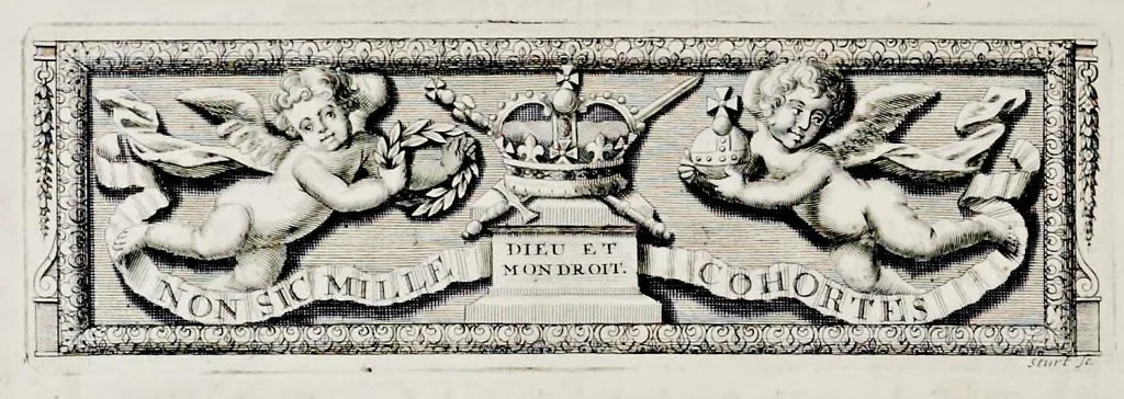 An illustration from The history of the coronation of the most high, most mighty, and most excellent monarch, James II, by the grace of God, king of England, Scotland, France and Ireland, defender of the faith, &c. and of his royal consort Queen Mary : solemnized in the collegiate church of St. Peter in the city of Westminster, on Thursday the 23 of April, being the festival of St. George, in the year of Our Lord 1685 : with an exact account of the several preparations in order thereunto, Their Majesties most splendid processions, and their royal and magnificent feast in Westminster-Hall : the whole work illustrated with sculptures, 1687, leaf 225