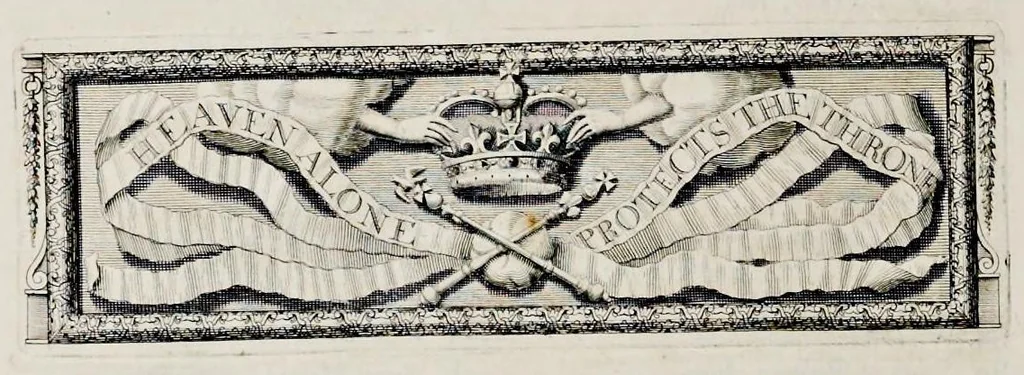 An illustration from The history of the coronation of the most high, most mighty, and most excellent monarch, James II, by the grace of God, king of England, Scotland, France and Ireland, defender of the faith, &c. and of his royal consort Queen Mary : solemnized in the collegiate church of St. Peter in the city of Westminster, on Thursday the 23 of April, being the festival of St. George, in the year of Our Lord 1685 : with an exact account of the several preparations in order thereunto, Their Majesties most splendid processions, and their royal and magnificent feast in Westminster-Hall : the whole work illustrated with sculptures, 1687, leaf 237