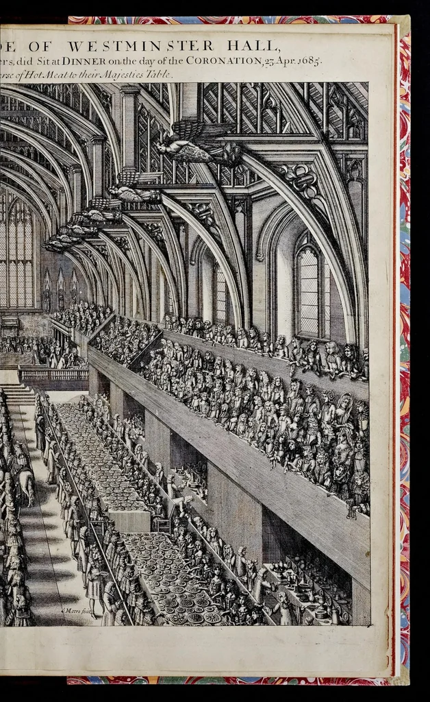 An illustration from The history of the coronation of the most high, most mighty, and most excellent monarch, James II, by the grace of God, king of England, Scotland, France and Ireland, defender of the faith, &c. and of his royal consort Queen Mary : solemnized in the collegiate church of St. Peter in the city of Westminster, on Thursday the 23 of April, being the festival of St. George, in the year of Our Lord 1685 : with an exact account of the several preparations in order thereunto, Their Majesties most splendid processions, and their royal and magnificent feast in Westminster-Hall : the whole work illustrated with sculptures, 1687, leaf 242